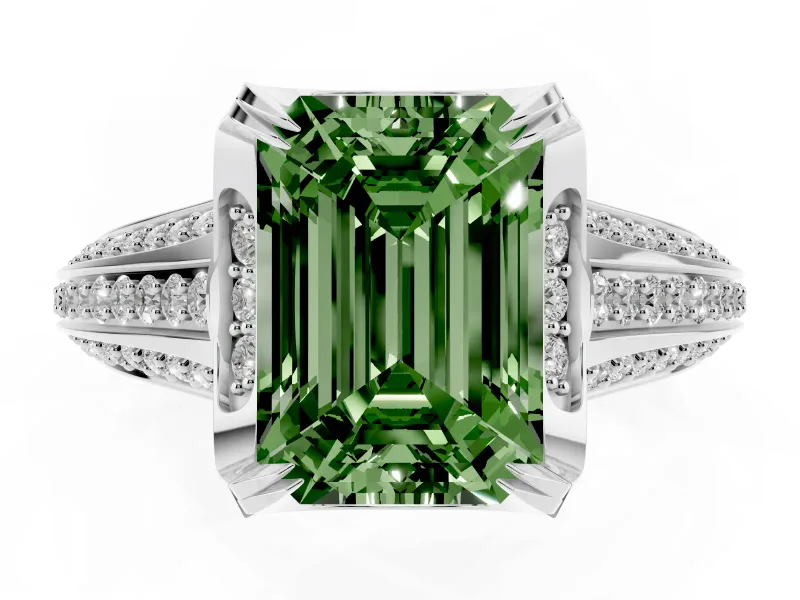Fancy Green Emerald Cut Diamond Pavé Split Shank Solitaire Ring Set in Platinum with Prong Setting