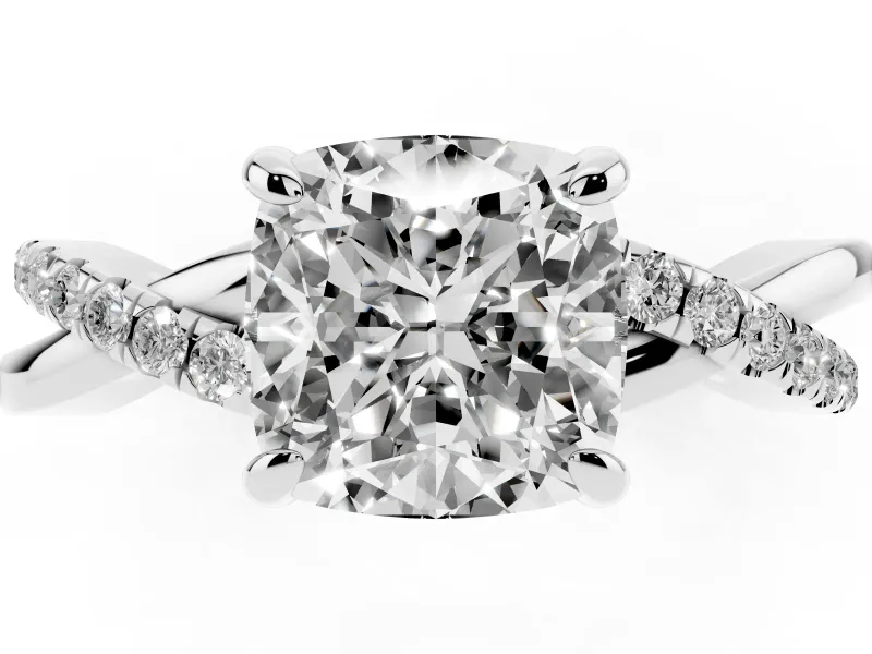 Cushion Cut Diamond Twist Band Solitaire Set in White gold with Pavé Accents and Prong Setting