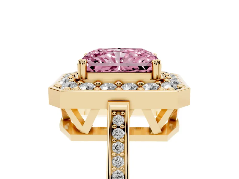 Radiant Cut Halo Engagement Ring Setting for a Fancy Pink Lab-Grown Diamond | Polished Halo Rim | Yellow Gold