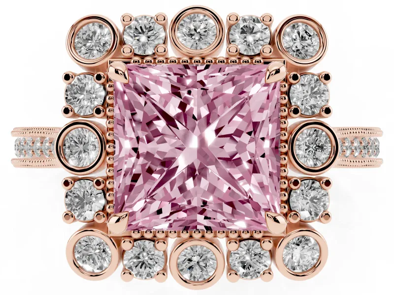 Fancy Pink Princess Cut Diamond Halo Milgrain Pavé Ring Set in Rose gold with Prong Setting