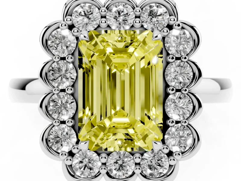Emerald Cut Scalloped Cluster Halo Engagement Ring Setting for a Fancy Yellow Lab-Grown Diamond | Plain Band | Platinum