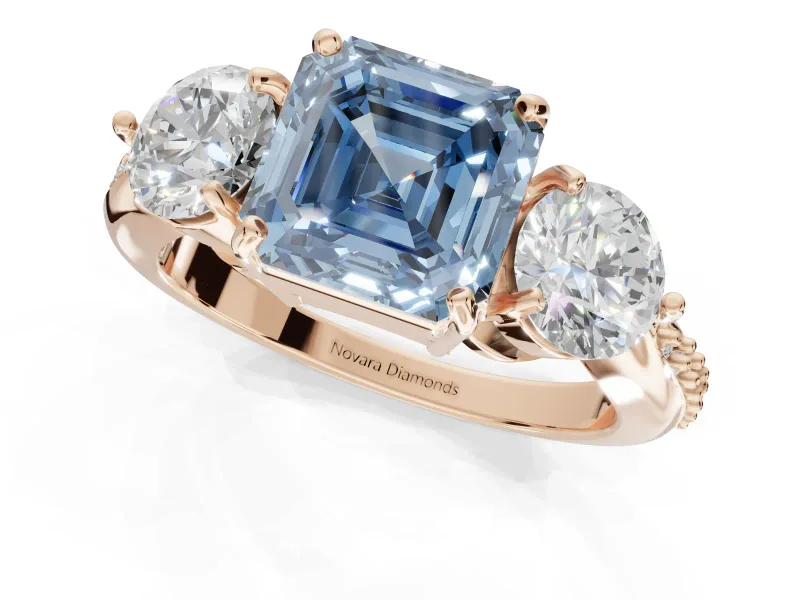 Asscher Cut Three Stone Engagement Ring Setting for a Fancy Blue Lab-Grown Diamond | Tapered Pave Band | Rose Gold