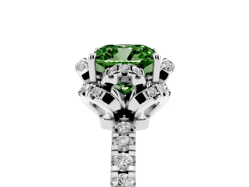 Fancy Green Cushion Cut Diamond Halo Pavé Band Ring Set in Platinum with Prong-Held Center