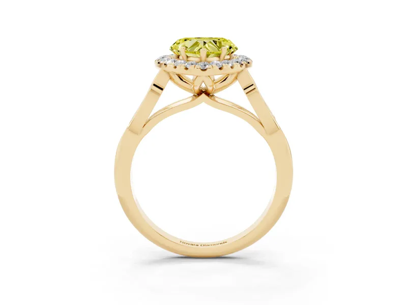 Fancy Yellow Heart Cut Diamond Halo Engagement Ring Set in Yellow gold with Filigree Band and Prong-Set Center