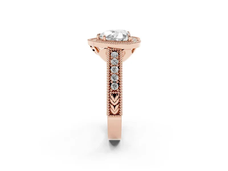 Heart Cut Diamond Halo Ring Set in Rose gold with Round Accent Halo, Pavé Band and Prong Setting