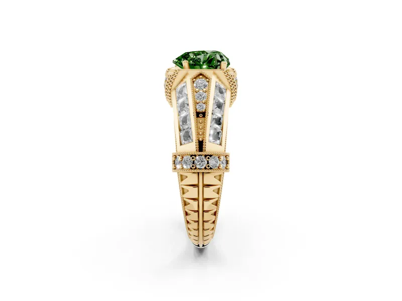 Fancy Green Heart Cut Diamond Vintage-Inspired Milgrain Ring Set in Yellow gold with Accent Split Shank
