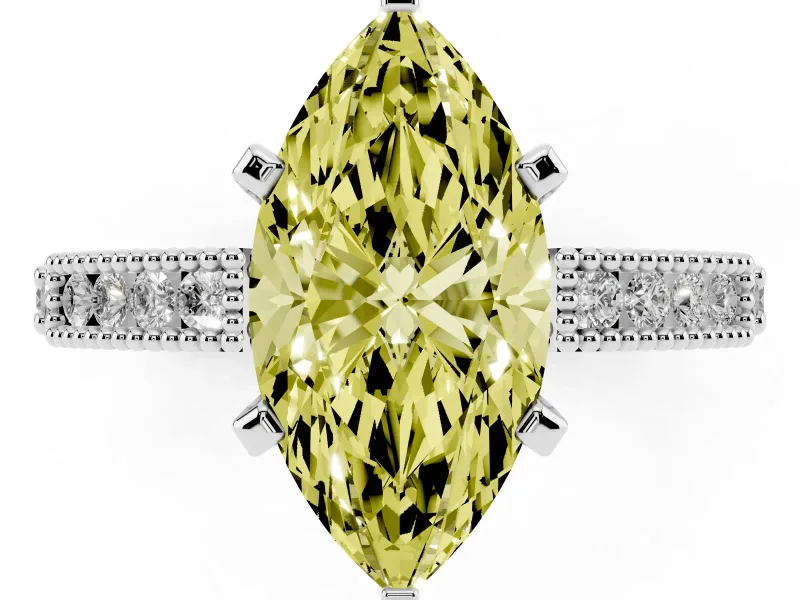 Fancy Yellow Marquise Cut Diamond Solitaire Ring Set in Platinum with Slim Pavé Band and Prong Setting