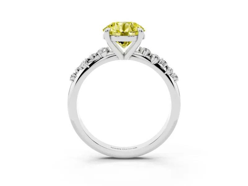 Fancy Yellow Round Cut Diamond Solitaire Vine Band Ring Set in White gold with Round Accents and Prong Setting