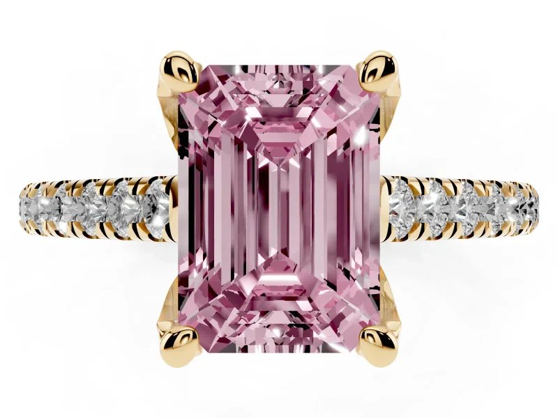 Emerald Cut Hidden Halo Pave Engagement Ring Setting for a Fancy Pink Lab-Grown Diamond | Claw Prongs | Yellow Gold