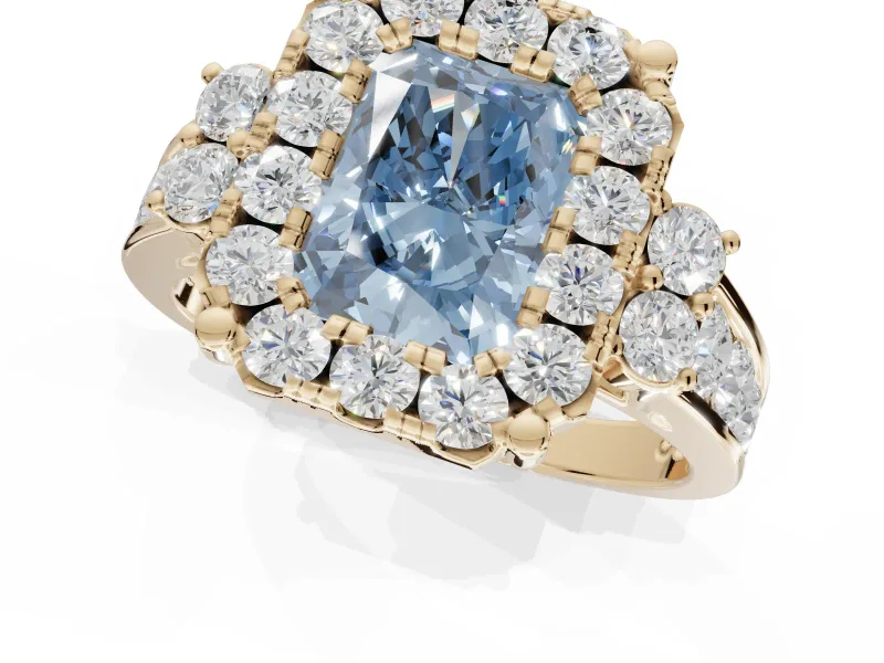 Radiant Cut Halo Engagement Ring Setting for a Fancy Blue Lab-Grown Diamond | Graduated Channel Band | Yellow Gold