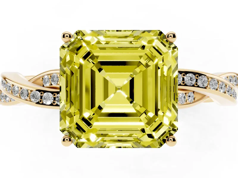Fancy Yellow Asscher Cut Diamond Solitaire Twisted Pavé Ring Set in Yellow gold with Prong Setting