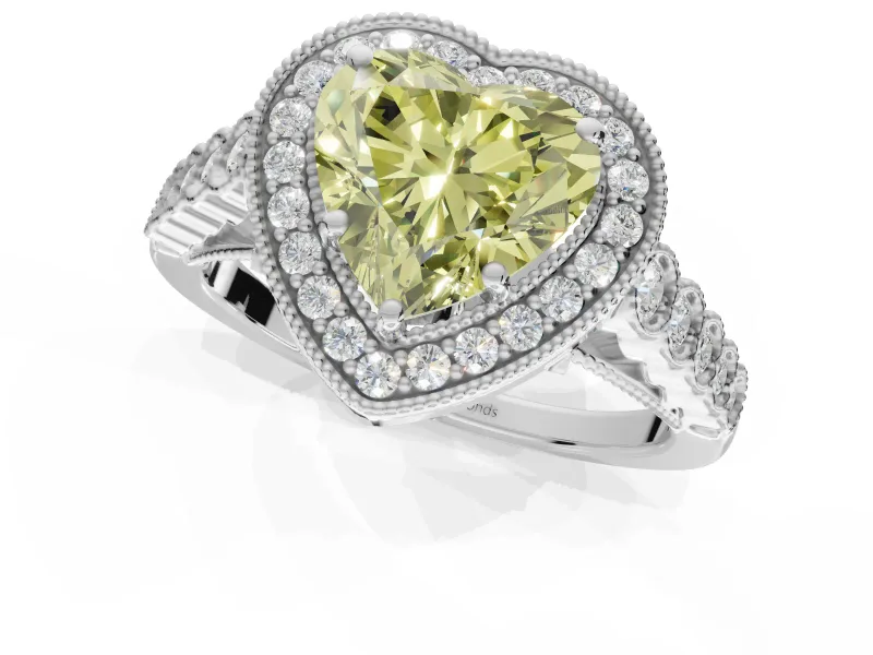 Canary Yellow Heart-Shaped Lab-Grown Diamond Milgrain Halo Solitaire Ring Set in Platinum with Bezel Set Side Stones and Pavé Band