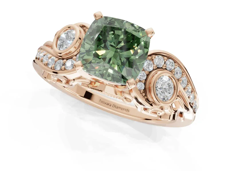 Cushion Cut Swirl Engagement Ring Setting for a Fancy Green Lab-Grown Diamond | Rose Gold