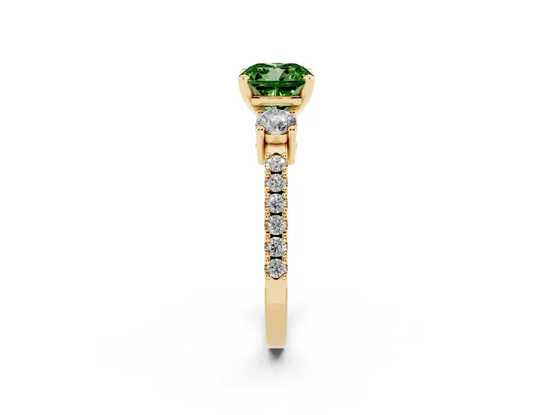 Cushion Cut Three Stone Engagement Ring Setting for a Fancy Green Lab-Grown Diamond | Pavé Band | Yellow Gold