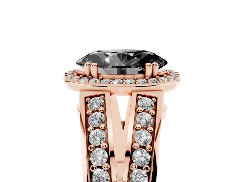 Fancy Black Oval Cut Diamond Halo Ring Set in Rose gold with Double Pavé Split Shank