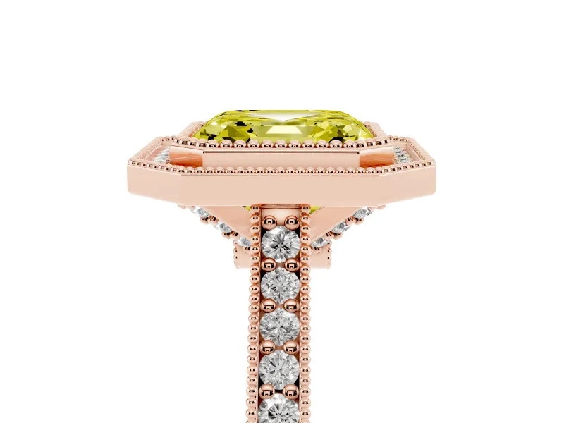 Asscher Cut Vintage Milgrain Halo Engagement Ring Setting for a Fancy Yellow Lab-Grown Diamond | Bezel Head | Rose Gold