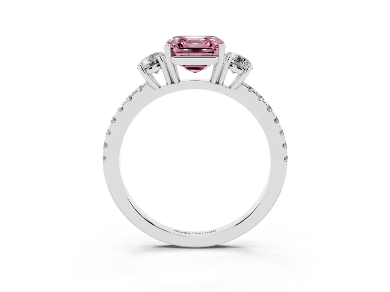 Asscher Cut Three Stone Engagement Ring Setting for a Fancy Pink Lab-Grown Diamond | Pave Shoulders | Platinum