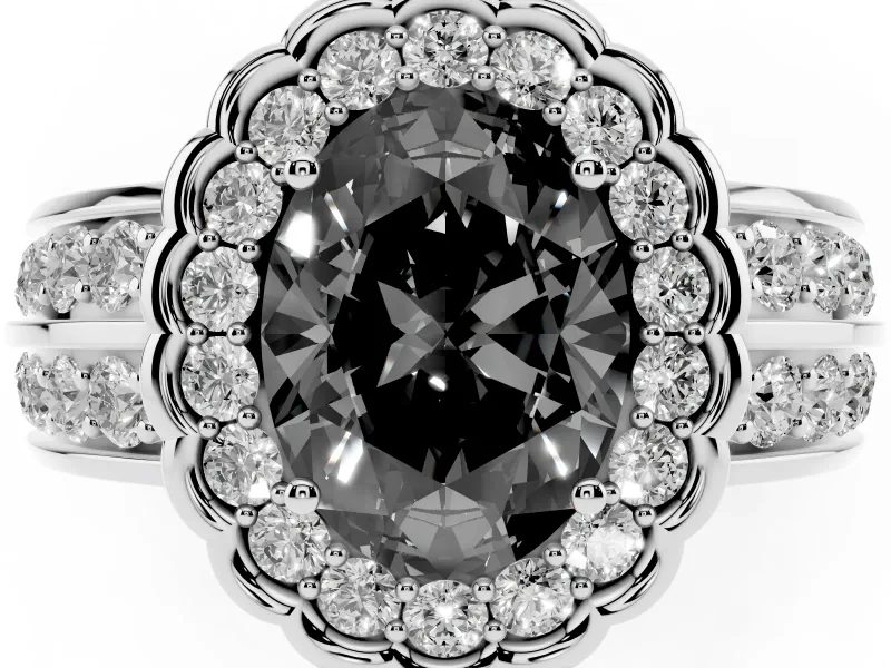 Fancy Black Oval Cut Diamond Scalloped Halo Ring Set in Silver with Pavé Split Shank