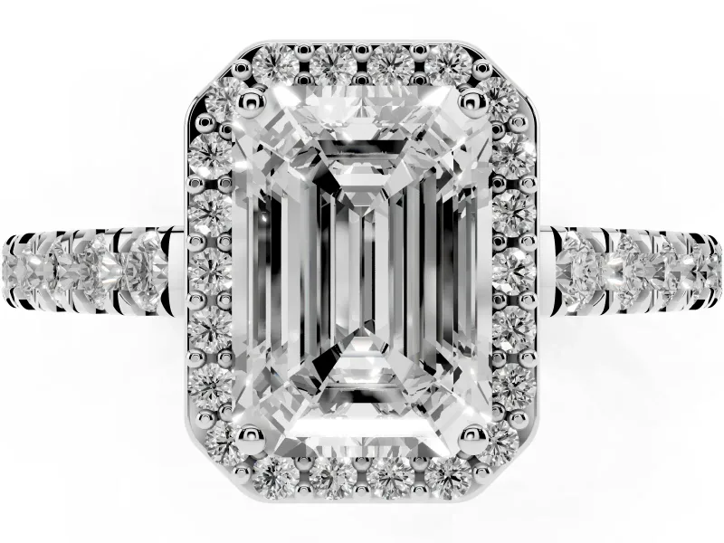 Emerald Cut Halo Pavé Engagement Ring Setting | Single Row Shoulders | White Gold