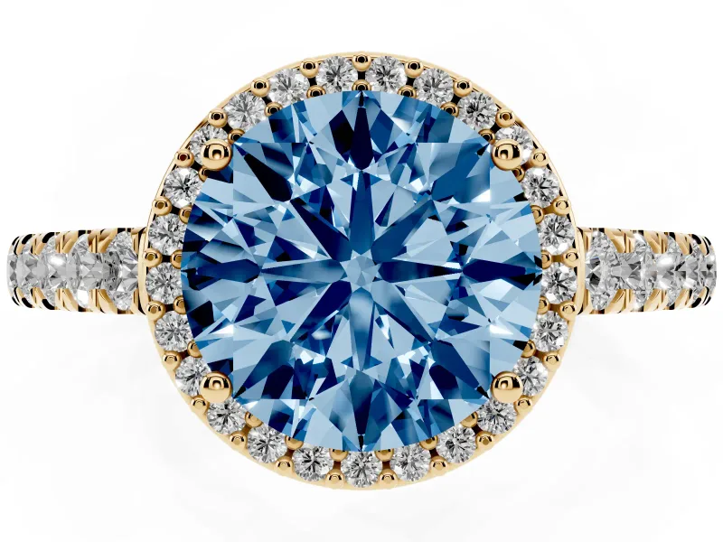 Round Halo Pavé Engagement Ring Setting for a Fancy Blue Lab-Grown Diamond | Yellow Gold