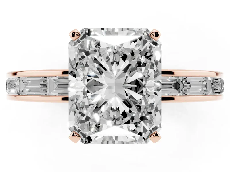 Radiant Cut Diamond Solitaire Ring Set in Rose gold with Channel-Set Baguette Band and Prong Setting