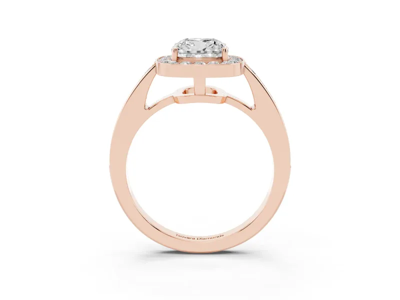 Cushion Cut Diamond Halo Pavé Engagement Ring Set in Rose gold with Bezel Setting