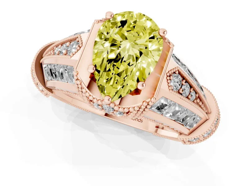 Fancy Yellow Pear Cut Diamond Vintage-Inspired Milgrain Ring Set in Rose gold with Accent Split Shank
