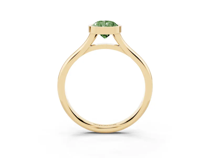 Fancy Green Bezel Set Pear Cut Diamond Solitaire Ring Set in Yellow gold with Tapered Band