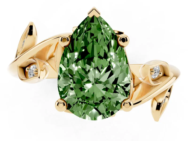 Fancy Green Pear Cut Diamond Solitaire Twist Engagement Ring Set in Yellow gold with Pavé Leaf Accents
