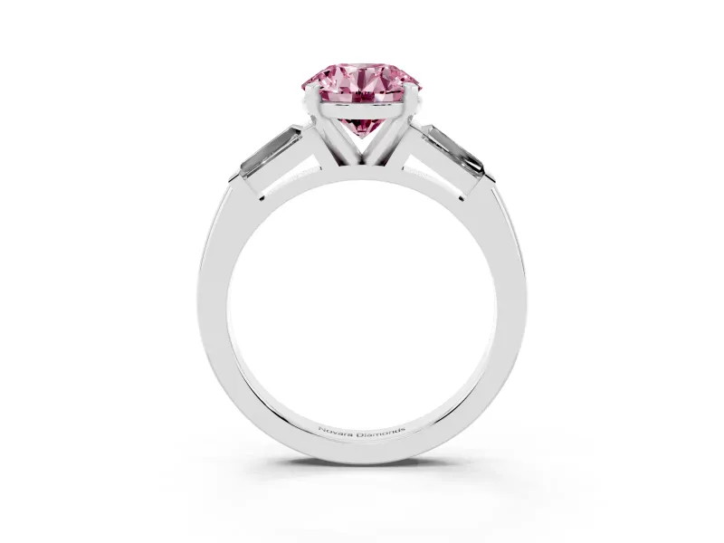 Fancy Pink Round Cut Diamond Solitaire Ring Set in Platinum with Tapered Baguette Side Stones and Prong Setting