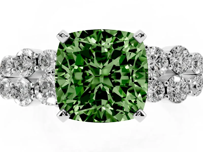 Fancy Green Cushion Cut Diamond Cluster Engagement Ring Set in White gold with Pavé Band and Prong Setting