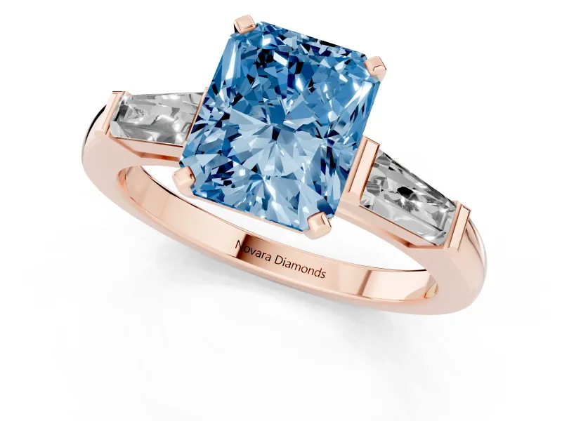 Radiant Cut Three Stone Engagement Ring Setting for a Fancy Blue Lab-Grown Diamond | Tapered Baguettes | Rose Gold