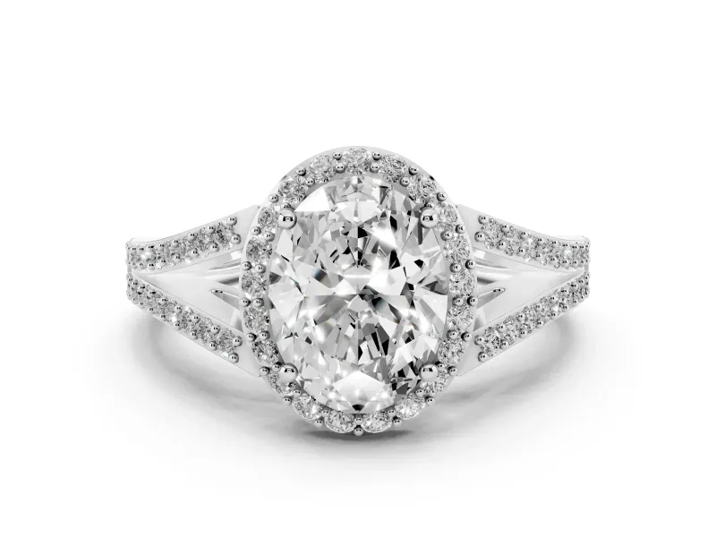 Oval Cut Diamond Halo Split Shank Pavé Ring Set in White gold with Prong Setting