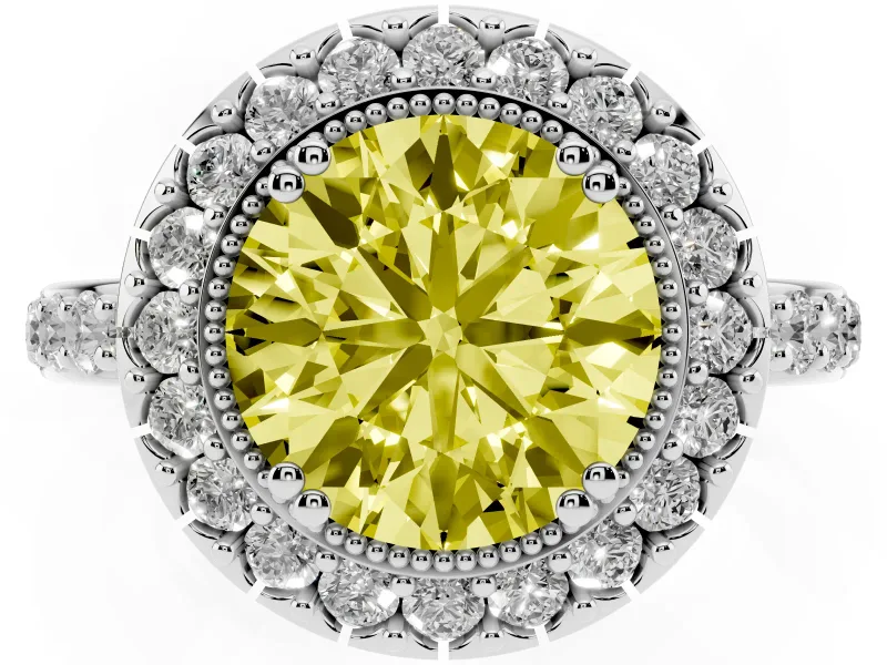Round Milgrain Halo Engagement Ring Setting for a Fancy Yellow Lab-Grown Diamond | Pavé Shoulders | Sterling Silver