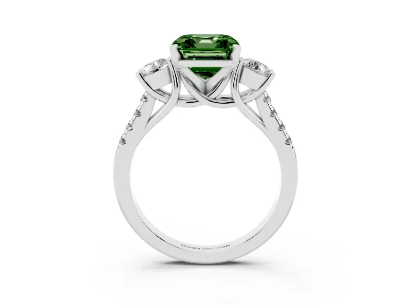 Fancy Green Three-Stone Asscher Cut Diamond Pavé Band Ring Set in White gold with Prong-Set Trio