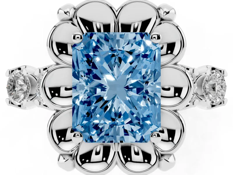 Fancy Blue Radiant Cut Diamond Floral Halo Ring Set in White gold with Shared Prong Band