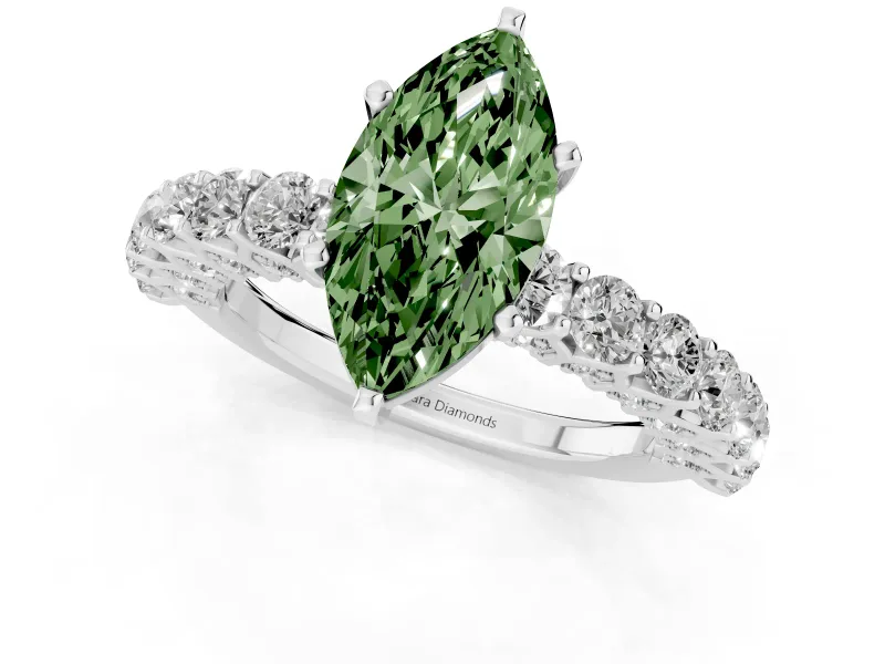 Fancy Green Marquise Cut Diamond Solitaire Ring Set in White gold with Shared Prong Pavé Band