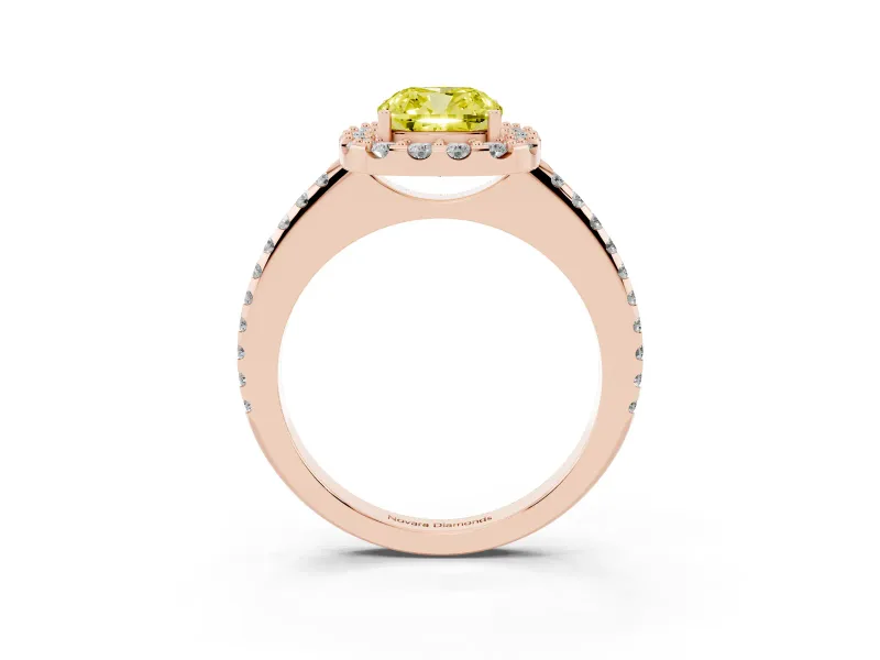 Cushion Cut Pave Halo Engagement Ring Setting for a Fancy Yellow Lab-Grown Diamond | Pave Band | Rose Gold
