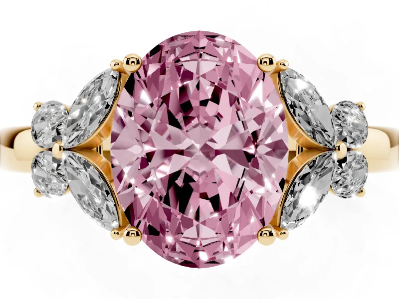 Fancy Pink Oval Cut Diamond Solitaire Floral Ring Set in Yellow gold with Marquise Petals and Prong Setting