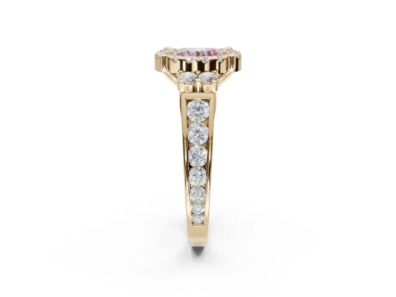 Round Halo Engagement Ring Setting for a Fancy Pink Lab-Grown Diamond | Side Clusters | Yellow Gold