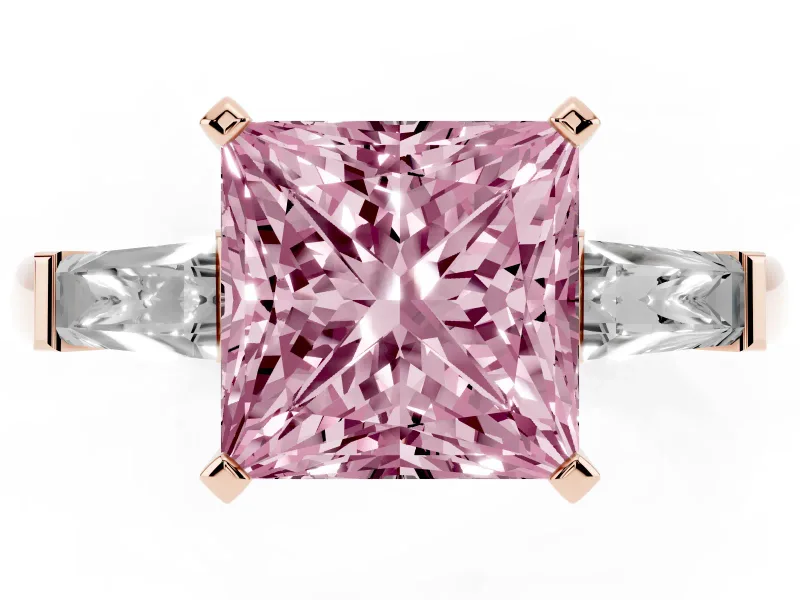 Fancy Pink Princess Cut Diamond Solitaire Ring Set in Rose gold with Tapered Baguette Side Stones and Prong Setting