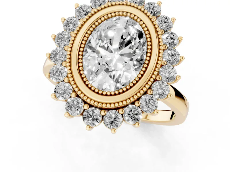 Oval Vintage Milgrain Bezel Halo Engagement Ring Setting | Sunburst Halo | Yellow Gold