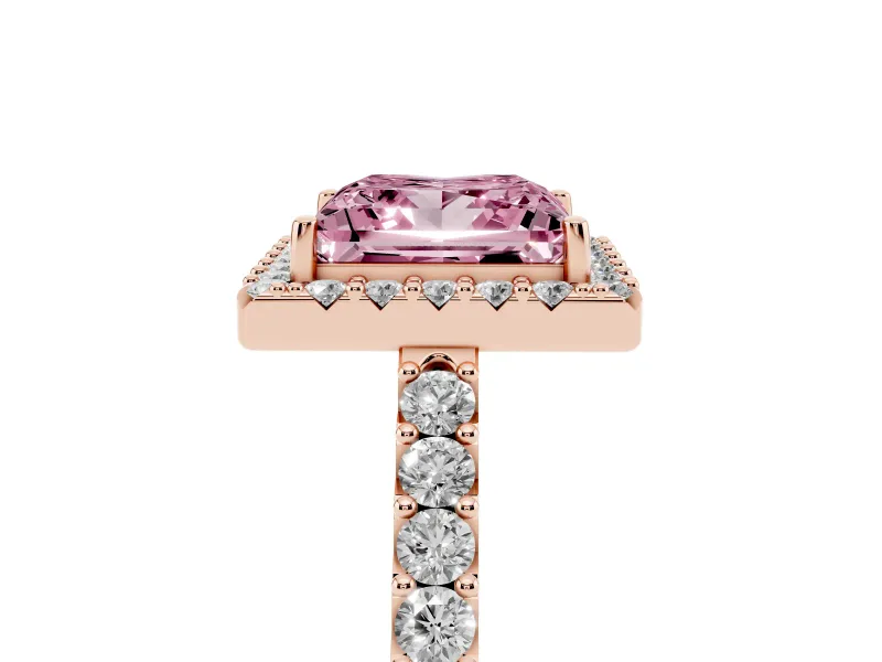Fancy Pink Princess Cut Diamond Halo Pavé Solitaire Ring Set in Rose gold with Prong-Set Center Stone