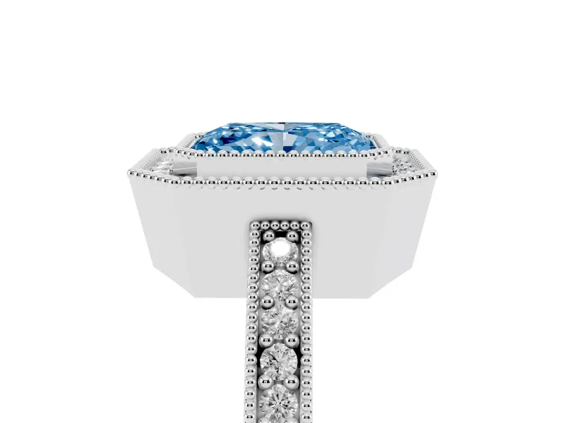 Radiant Cut Milgrain Halo Engagement Ring Setting for a Fancy Blue Lab-Grown Diamond | Pave Band | Platinum