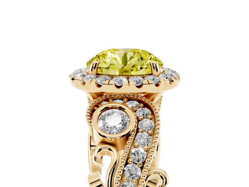 Fancy Yellow Round Cut Diamond Halo Ring Set in Yellow gold with Milgrain Pavé Band and Prong Setting