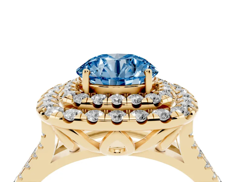 Round Halo Split Shank Engagement Ring Setting for a Fancy Blue Lab-Grown Diamond | Pavé Strands | Yellow Gold