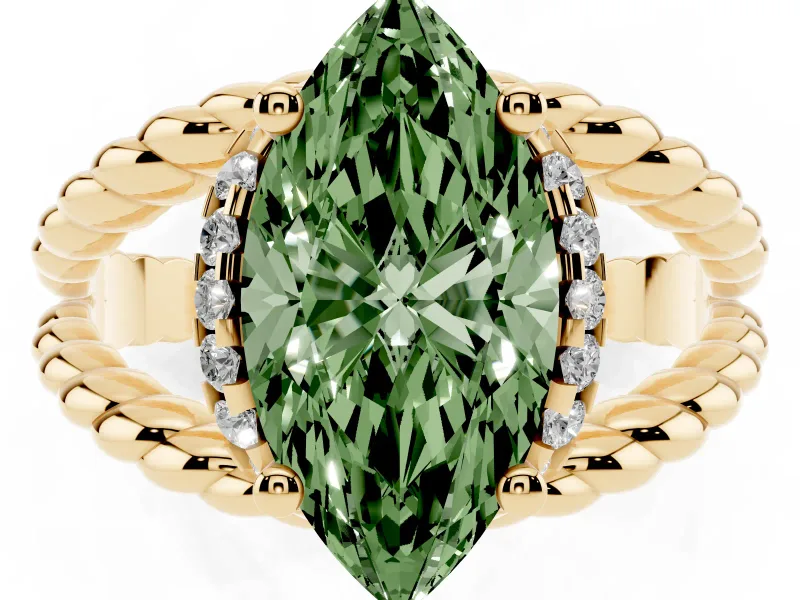 Fancy Green Marquise Cut Diamond Halo Ring Set in Yellow gold with Twisted Band and Prong Setting