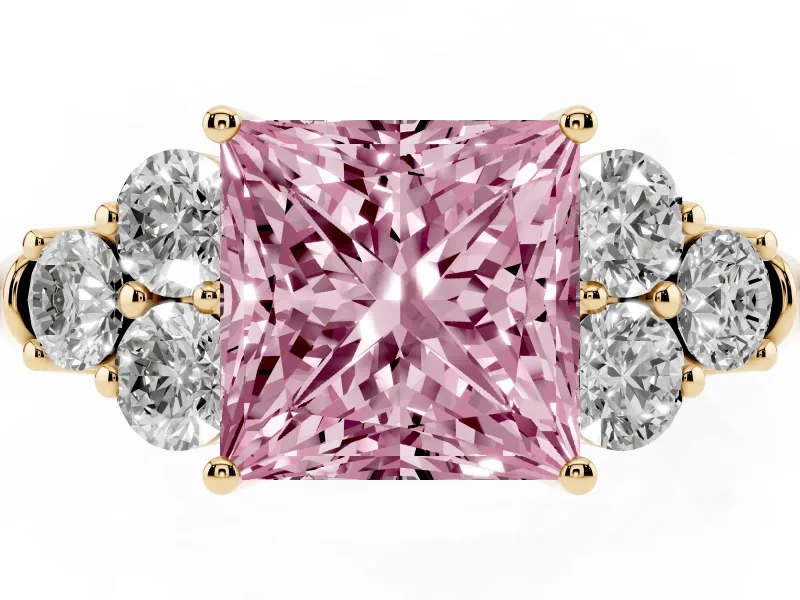 Princess Cut Side Stone Engagement Ring Setting for a Fancy Pink Lab-Grown Diamond | Yellow Gold