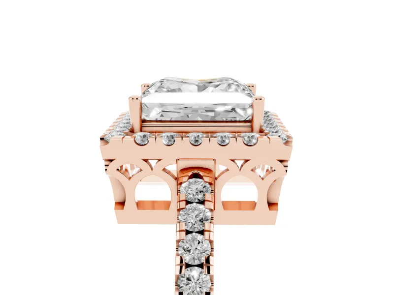 Princess Cut Diamond Pavé Band Halo Engagement Ring Set in Rose gold with Prong Setting