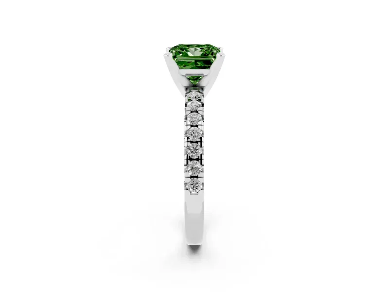 Fancy Green Princess Cut Diamond Solitaire Pavé Engagement Ring Set in White gold with Round Band and Prong Setting